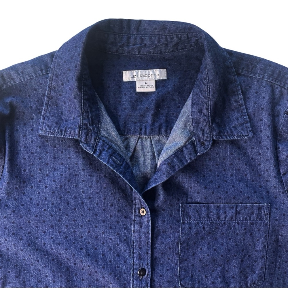 LIZ CLAIBORNE Navy Blue Cotton Blouse Shirt SZ L Casual Comfy Chambray Polka Dot - Picture 3 of 16